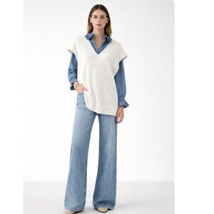 Anthropologie Ribbed Ivory Oversized V Neck Knit Tunic Vest One Size EUC